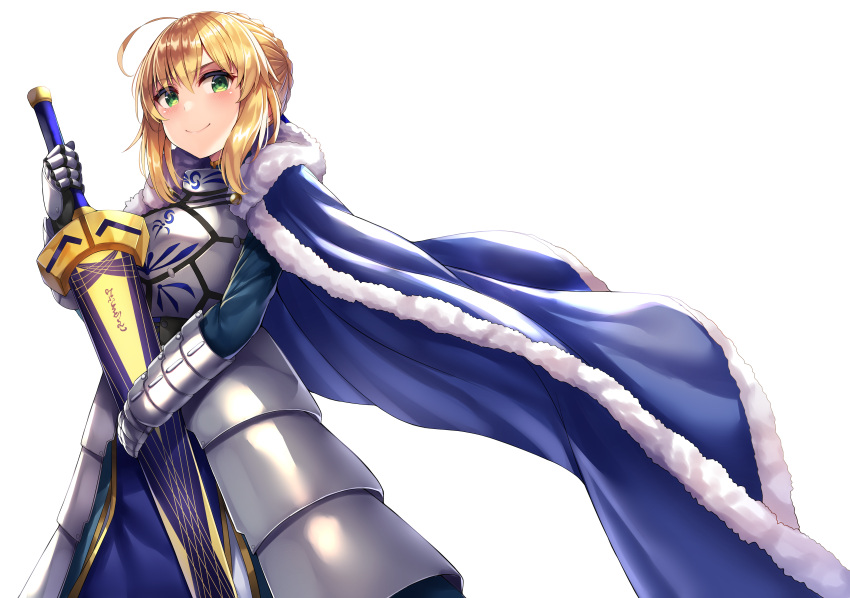 1girl absurdres ahoge artoria_pendragon_(all) bangs beeyan blonde_hair blush braid breastplate cape excalibur fate/stay_night fate_(series) fur_trim gauntlets green_eyes highres holding holding_sword holding_weapon saber simple_background smile solo sword weapon white_background