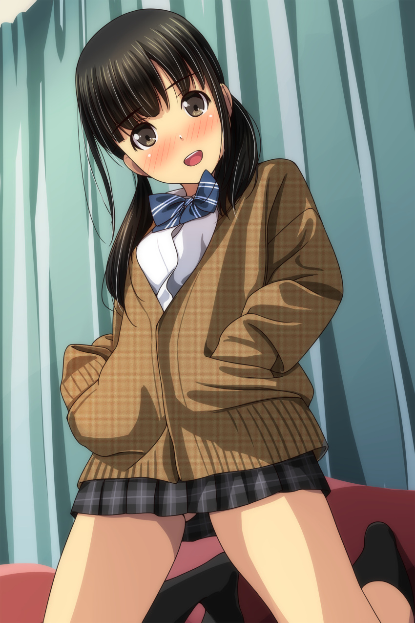 1girl :d absurdres bangs black_hair black_legwear black_skirt blue_bow blush bow brown_cardigan brown_eyes cardigan dress_shirt eyebrows_visible_through_hair hands_in_pockets head_tilt highres kneeling long_hair long_sleeves looking_at_viewer matsunaga_kouyou no_shoes nose_blush open_cardigan open_clothes open_mouth original plaid plaid_skirt pleated_skirt school_uniform shirt skirt smile socks solo striped striped_bow twintails upper_teeth white_shirt