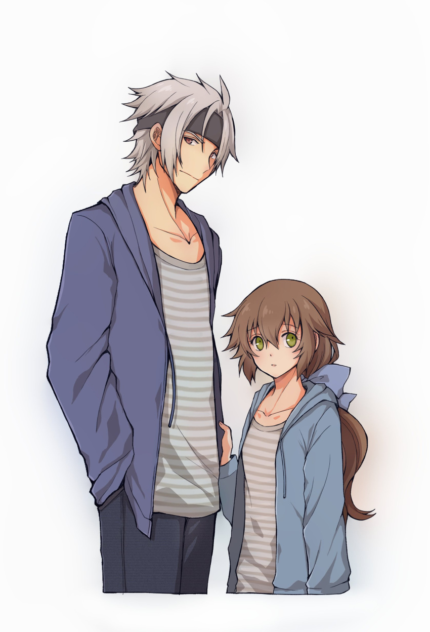 1boy 1girl absurdres aono_(aonocrotowa) bangs black_headband black_pants blue_cardigan brown_hair cardigan collarbone cropped_legs eiyuu_densetsu green_eyes grey_shirt hair_between_eyes hands_in_pockets headband highres hood hood_down hooded_cardigan long_hair long_sleeves looking_at_viewer open_cardigan open_clothes pants parted_lips rean_schwartzer red_eyes sen_no_kiseki shirt silver_hair simple_background standing striped striped_shirt towa_herschel vertical-striped_shirt vertical_stripes very_long_hair white_background