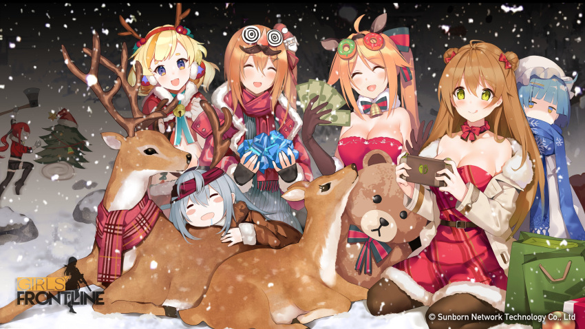 6+girls absurdres animal_costume antlers axe bag battle_axe character_request christmas dollar_bill doughnut earmuffs fake_facial_hair fake_mustache fake_nose food g11_(girls_frontline) gem girls_frontline glasses hat highres kalina_(girls_frontline) multiple_girls nintendo_switch official_art playing_games reindeer reindeer_antlers reindeer_costume rfb_(girls_frontline) santa_costume santa_hat scarf scarf_over_mouth shopping_bag sleeping snow snowing stuffed_animal stuffed_toy teddy_bear weapon zas_m21_(girls_frontline)