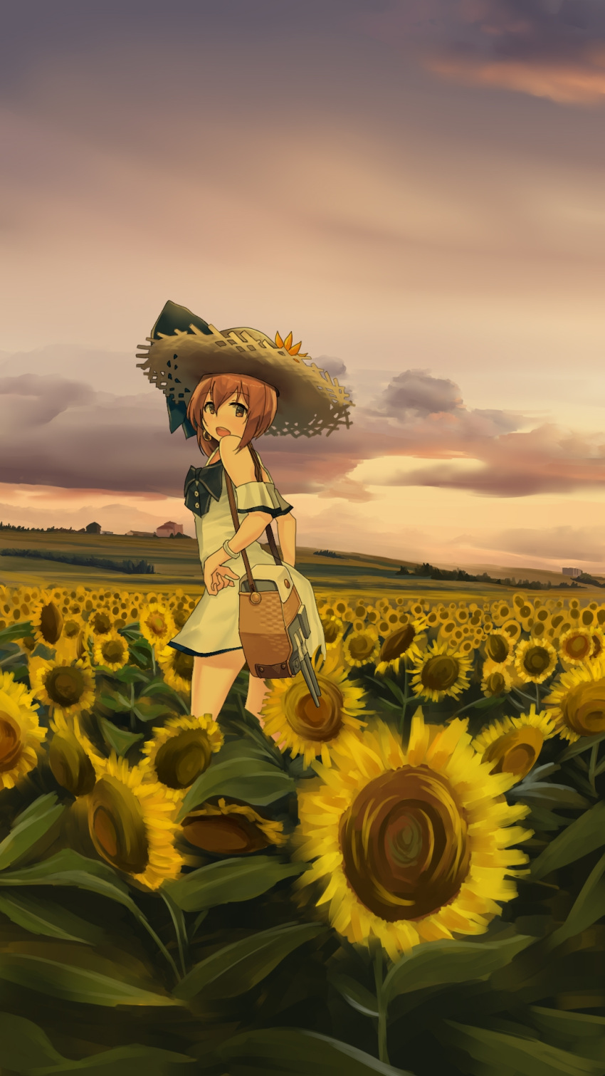 1girl bangs blush bow bracelet brown_hair clouds dress field flower flower_field hat hat_flower highres jewelry kantai_collection kuroinu9 open_mouth outdoors short_hair sky solo speaking_tube_headset standing straw_hat sundress sunflower white_dress yukikaze_(kantai_collection)