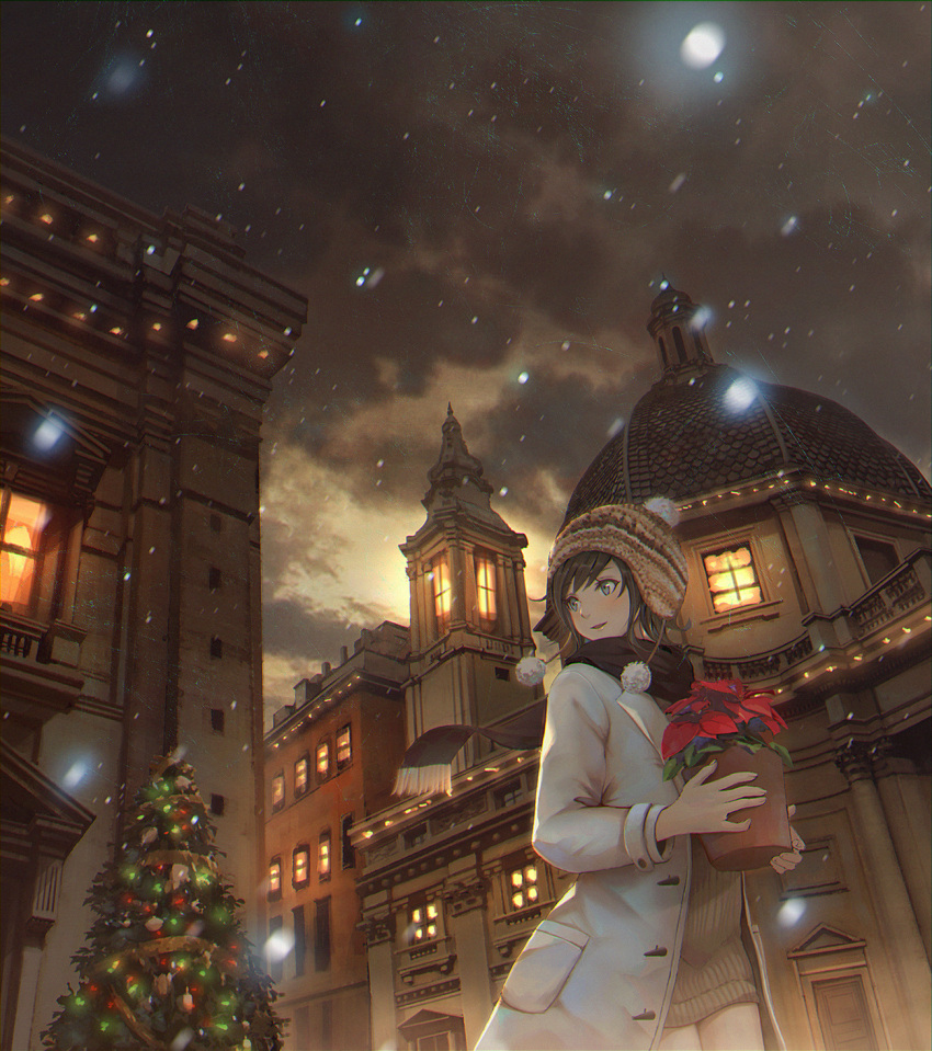 1girl brown_coat brown_hair brown_scarf building christmas christmas_tree clouds coat flower flower_pot grey_eyes hat highres long_sleeves original outdoors scarf sho_(shoichi-kokubun) snowing solo