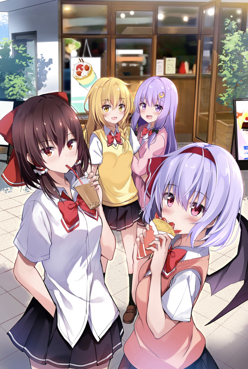 4girls :d alternate_costume arm_hug bangs bat_wings black_bow black_legwear black_skirt blonde_hair blue_hair blush bow bowtie braid breasts brown_footwear brown_hair bubble_tea cardigan commentary_request contemporary cowboy_shot crepe crescent crescent_hair_ornament cup disposable_cup drinking drinking_straw eyebrows_visible_through_hair food hair_between_eyes hair_bow hair_ornament hair_tubes hairband hakurei_reimu hand_in_pocket hand_up hands_up highres holding holding_cup holding_food hyurasan kirisame_marisa loafers long_hair looking_at_viewer miniskirt multiple_girls no_hat no_headwear open_mouth outdoors patchouli_knowledge petticoat pink_cardigan pink_vest red_bow red_eyes red_hairband red_neckwear remilia_scarlet school_uniform shirt shoes short_hair short_sleeves sidelocks single_braid skirt skirt_set small_breasts smile socks standing sweater_vest touhou untucked_shirt vest white_shirt wings yellow_eyes yellow_vest