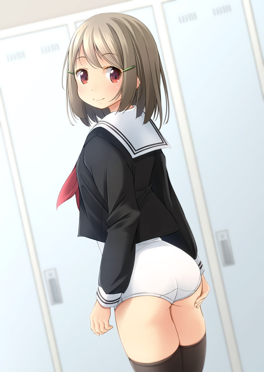 1girl ass bangs black_legwear black_shirt blurry blurry_background blush brown_hair closed_mouth commentary_request depth_of_field eyebrows_visible_through_hair hair_ornament hairclip highres locker locker_room long_sleeves looking_at_viewer looking_back neckerchief one-piece_swimsuit original red_eyes red_neckwear sailor_collar school_swimsuit school_uniform serafuku shibacha shirt smile solo swimsuit swimsuit_under_clothes thigh-highs white_sailor_collar white_swimsuit