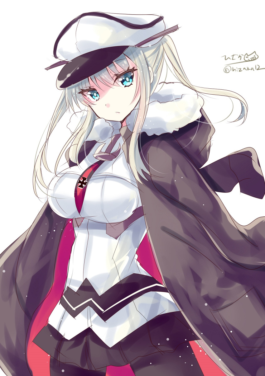 1girl aqua_eyes black_legwear blonde_hair blush breasts capelet coat eyebrows_visible_through_hair graf_zeppelin_(kantai_collection) hair_between_eyes hat highres hizaka impossible_clothes jacket kantai_collection large_breasts long_hair looking_at_viewer military military_uniform miniskirt necktie pantyhose peaked_cap sidelocks skirt solo twintails twitter_username uniform white_background winter_clothes winter_coat