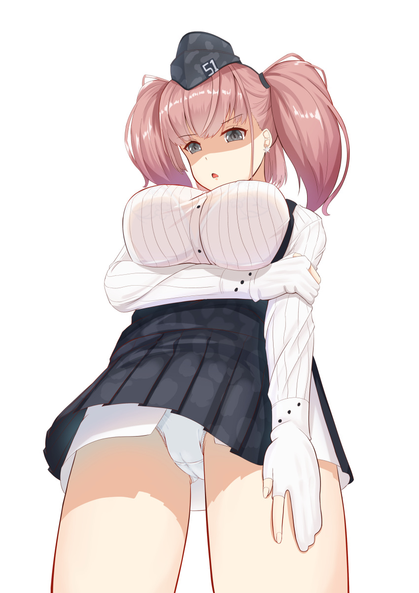 absurdres atlanta_(kantai_collection) breasts brown_hair earrings from_below garrison_cap gloves grey_eyes hat highres jewelry kantai_collection panties pantyshot partly_fingerless_gloves shaded_face shirt skirt star star_earrings suspender_skirt suspenders twintails underwear upskirt white_panties white_shirt zuki