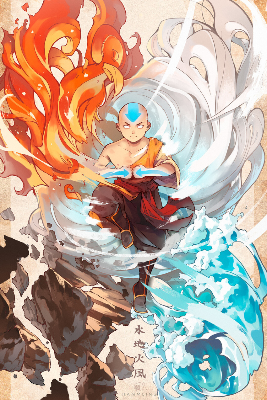 1boy aang artist_name asymmetrical_clothes avatar:_the_last_airbender avatar_(series) bald boots clenched_hands commentary element_bending english_commentary fighting_stance fire glowing glowing_eyes glowing_tattoo hammling hands_together highres leg_up looking_at_viewer rock sash serious solo tattoo water wind