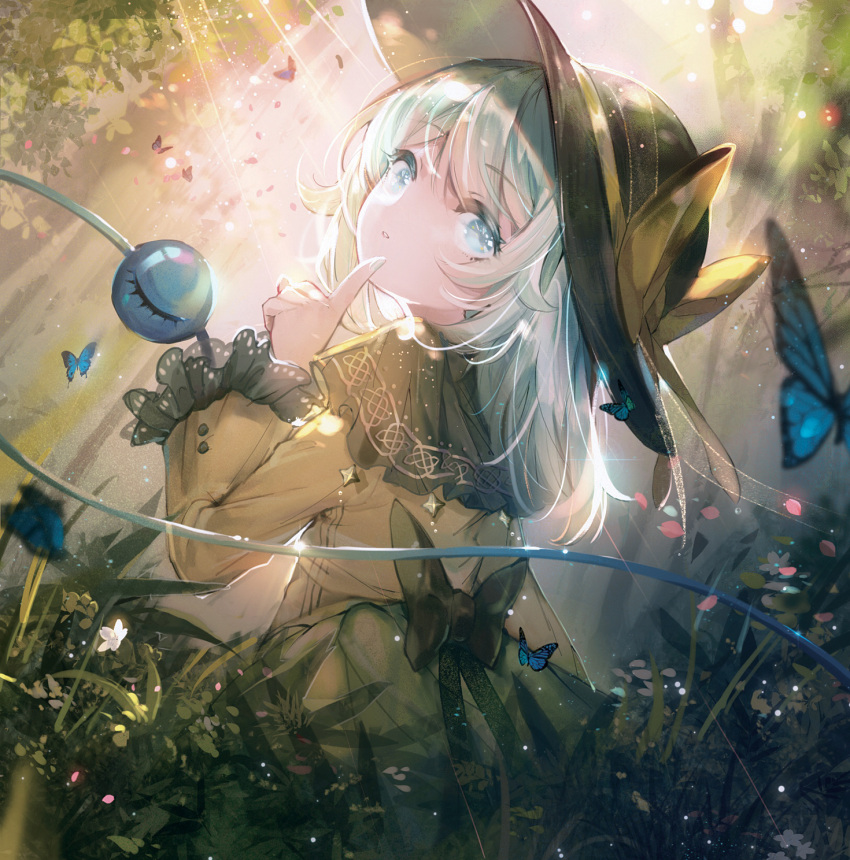 1girl back_bow black_headwear blue_butterfly bow bug butterfly commentary_request day eyebrows_visible_through_hair finger_to_face flower frills from_behind green_bow green_hair green_skirt hand_up hat hat_ribbon highres index_finger_raised insect komeiji_koishi leaf light_rays long_hair long_sleeves looking_at_viewer looking_back outdoors petals plant ribbon rokusai shirt skirt sunbeam sunlight third_eye touhou tree upper_body yellow_ribbon yellow_shirt