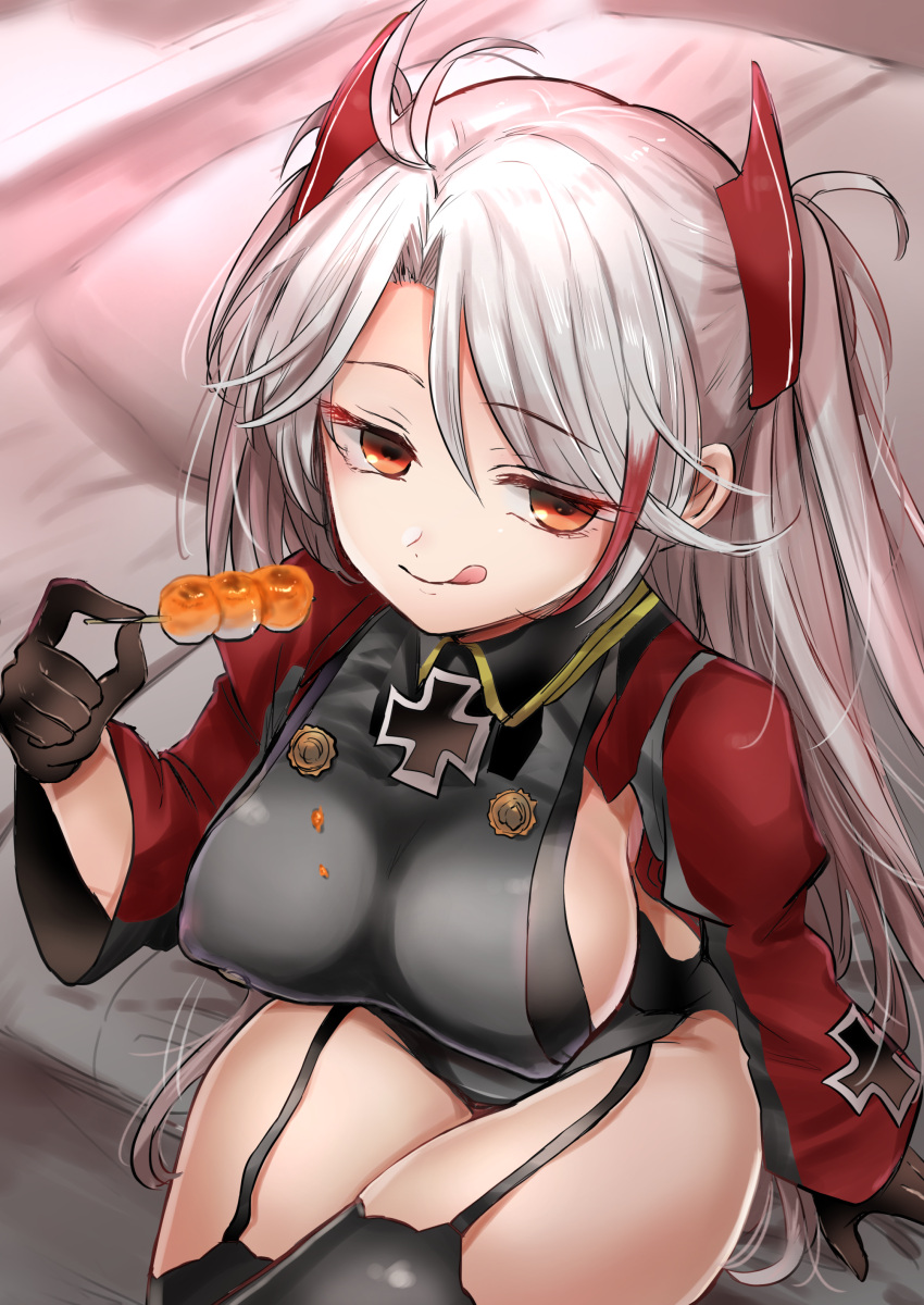 1girl :q absurdres antenna_hair azur_lane bangs bikini black_bikini black_gloves black_legwear closed_mouth commentary_request dango emilio_(tetsukazu_no_ao) eyebrows_visible_through_hair food garter_straps gloves grey_jacket hair_ornament half-closed_eyes highres holding holding_food iron_cross jacket licking_lips long_sleeves looking_at_viewer mitarashi_dango multicolored_hair partial_commentary prinz_eugen_(azur_lane) side_cutout silver_hair sitting smile solo streaked_hair swimsuit thigh-highs thighs tongue tongue_out two_side_up wagashi