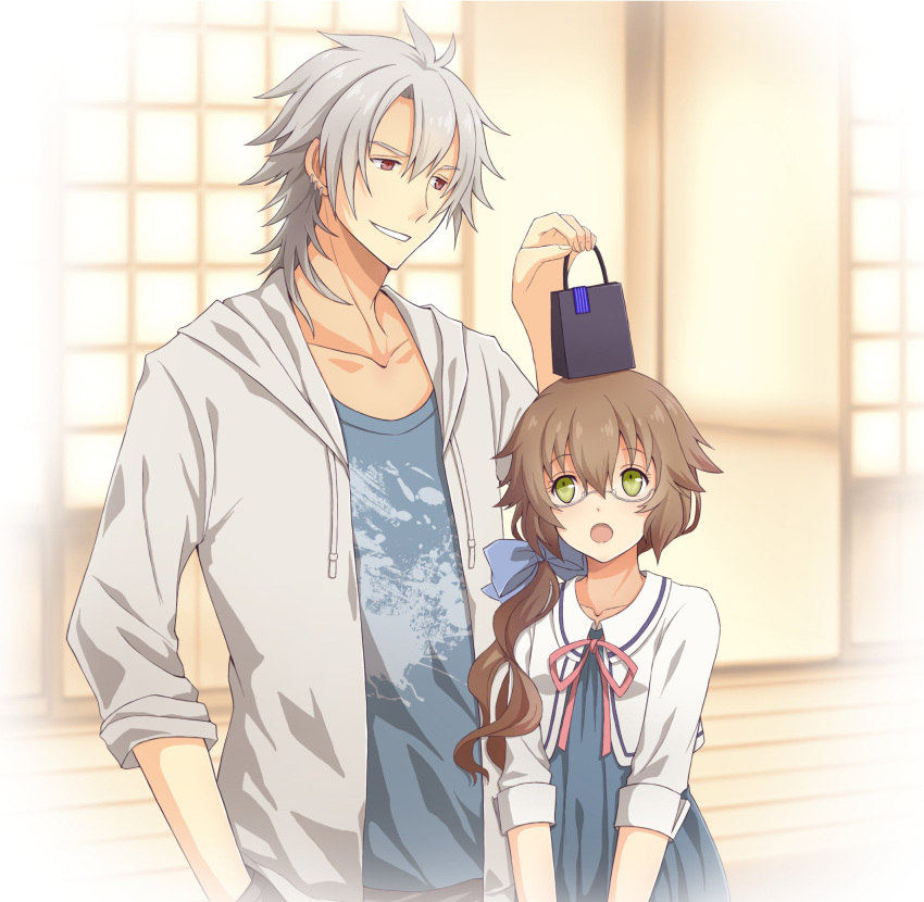 1boy 1girl aono_(aonocrotowa) bangs blue_bow blue_dress blue_shirt bow brown_hair collarbone couple dress eiyuu_densetsu eyebrows_visible_through_hair glasses green_eyes grey_jacket grin hair_between_eyes hair_bow hand_in_pocket highres hood hood_down hooded_jacket jacket long_hair looking_up neck_ribbon open_clothes open_jacket pink_ribbon print_shirt rean_schwartzer red_eyes ribbon semi-rimless_eyewear sen_no_kiseki shirt side_ponytail silver_hair smile towa_herschel under-rim_eyewear very_long_hair