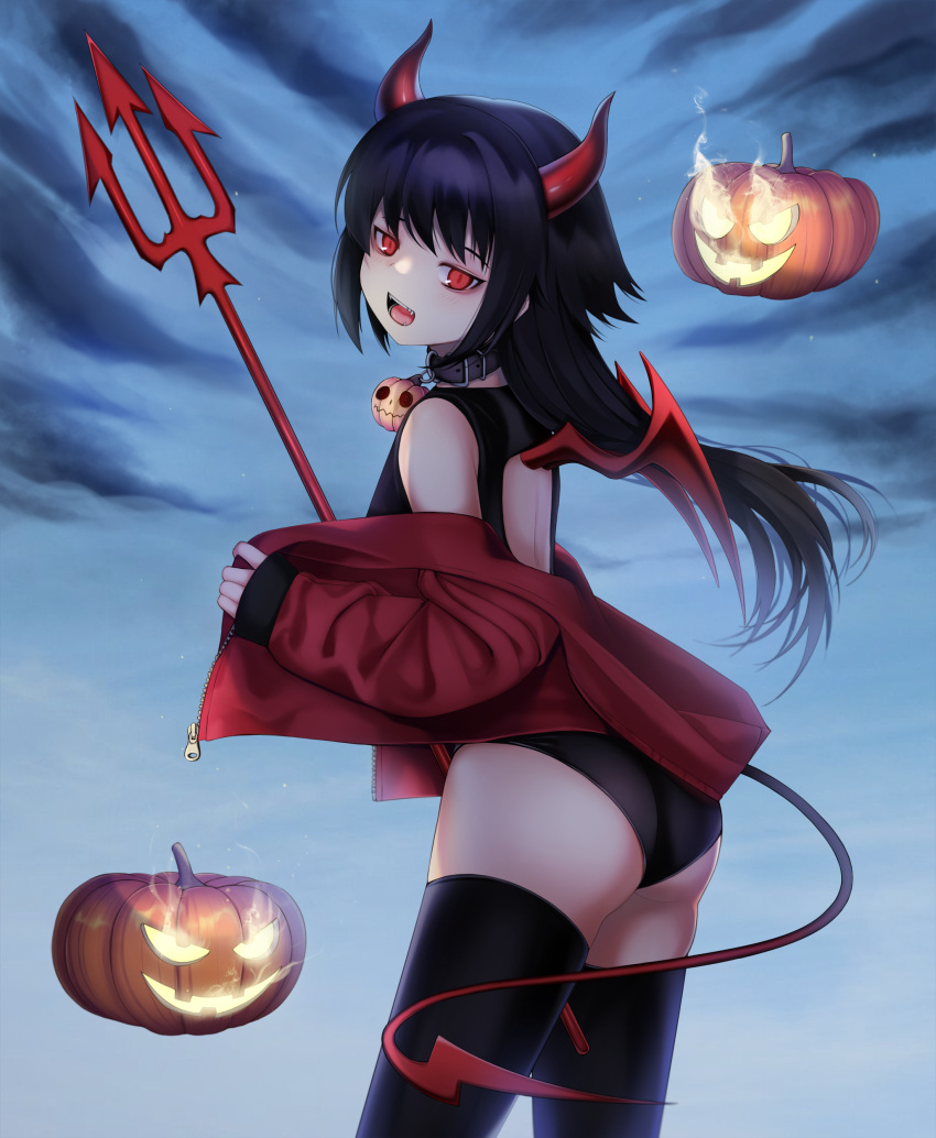 1girl absurdres ass black_hair black_legwear black_swimsuit blue_background blush collar commentary cowboy_shot demon_girl demon_horns demon_tail fire from_side halloween highres horns jack-o'-lantern jacket long_hair looking_at_viewer off_shoulder ompf one-piece_swimsuit open_clothes open_jacket open_mouth original pitchfork red_eyes red_jacket sleeves_past_wrists slit_pupils solo standing swimsuit tail thigh-highs