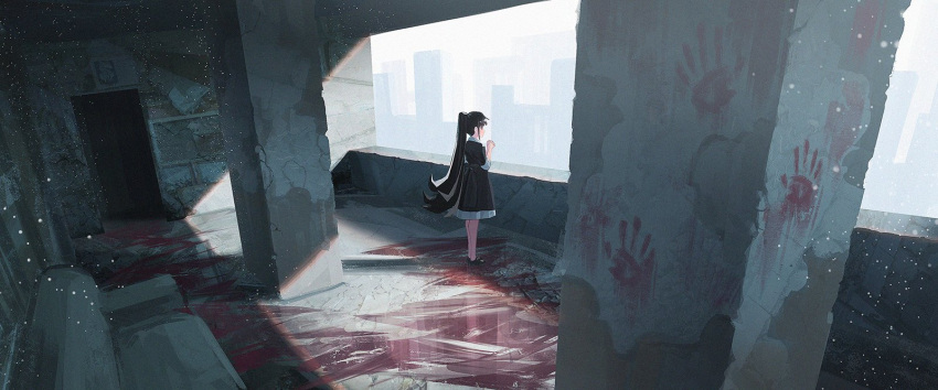 1girl bangs black_dress black_footwear black_hair blood blood_stain blunt_bangs building couch dress hand_print hands_together highres indoors light_particles light_rays long_hair original solo stained_glass standing sunbeam sunlight user_mwhw4283
