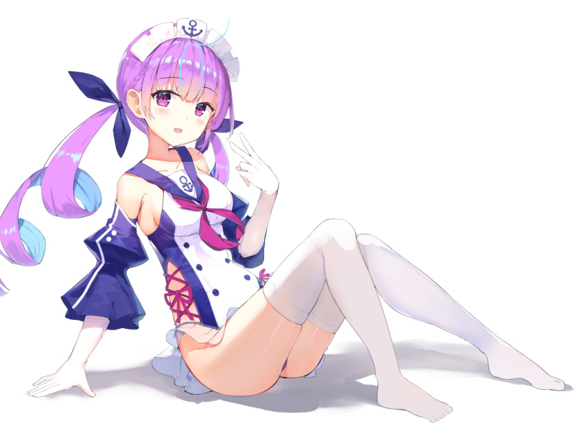 1girl ahoge azur_lane bare_shoulders breasts collarbone commentary_request detached_sleeves double-breasted gloves hair_ribbon hololive long_hair looking_at_viewer maid_headdress medium_breasts minato_aqua multicolored_hair neckerchief one-piece_swimsuit open_mouth purple_hair purple_neckwear purple_ribbon purple_sailor_collar ribbon sailor_collar simple_background sitting solo streaked_hair swimsuit swimsuit_skirt thigh-highs twintails v violet_eyes virtual_youtuber white_background white_gloves white_legwear zhiyou_ruozhe