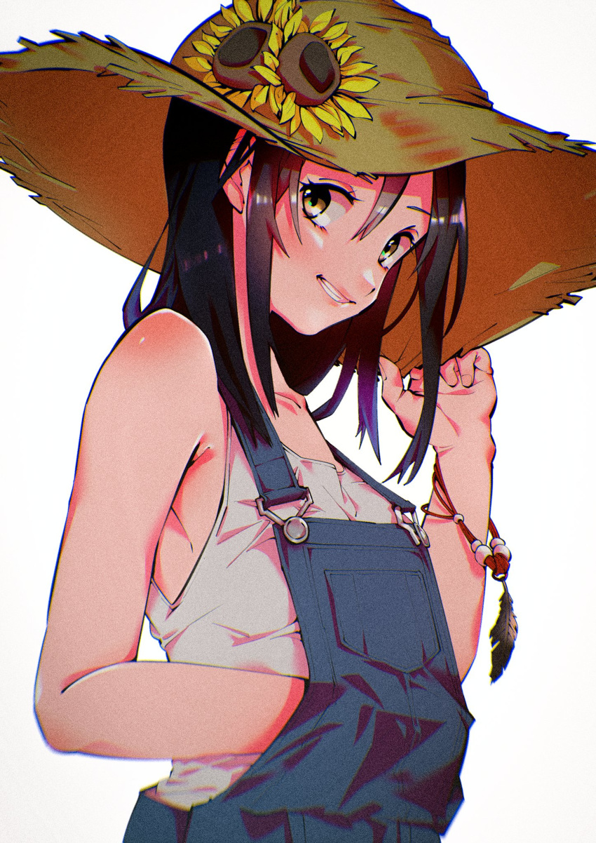1girl adjusting_clothes adjusting_hat black_eyes black_hair blue_overalls bracelet brown_headwear flower grin hand_in_overalls hat hat_flower highres jewelry long_hair looking_at_viewer original overalls shiomi_(lowrise) shirt simple_background sleeveless sleeveless_shirt smile solo straw_hat sunflower upper_body white_background white_shirt