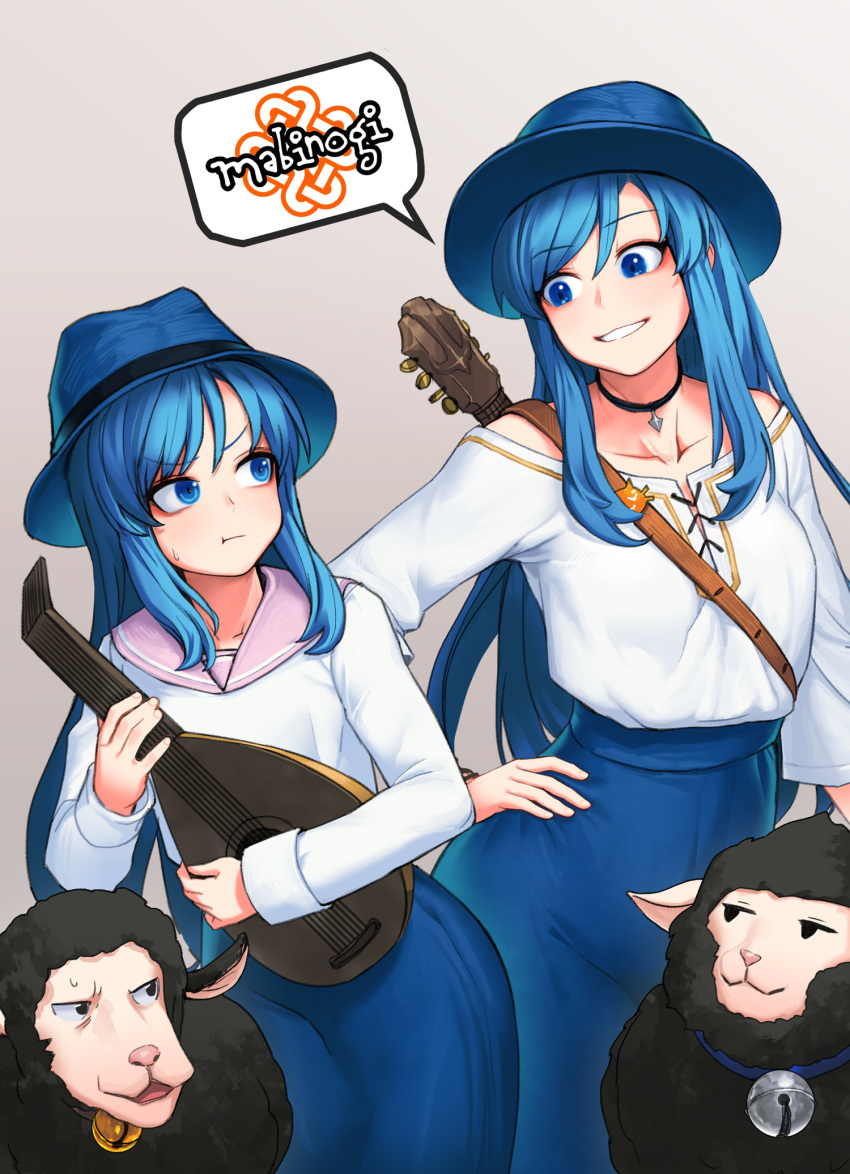 2girls blue_eyes blue_hair blue_headwear blush cain_(gunnermul) choker closed_mouth collarbone copyright_name eyebrows_visible_through_hair hat highres long_hair looking_at_another mabinogi multiple_girls parted_lips pouty_lips sheep smile speech_bubble