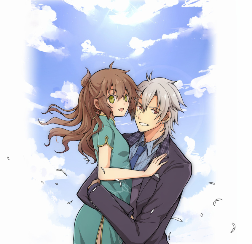 1boy 1girl :d aono_(aonocrotowa) aqua_dress black_jacket blue_neckwear blue_shirt blue_sky brown_hair carrying china_dress chinese_clothes clouds collared_shirt couple dress earrings eiyuu_densetsu floating_hair green_eyes grin highres jacket jewelry long_hair long_sleeves looking_at_viewer necktie open_mouth outdoors rean_schwartzer red_eyes sen_no_kiseki shirt short_sleeves side_slit silver_hair sky smile striped striped_shirt towa_herschel vertical-striped_shirt vertical_stripes white_background wing_collar