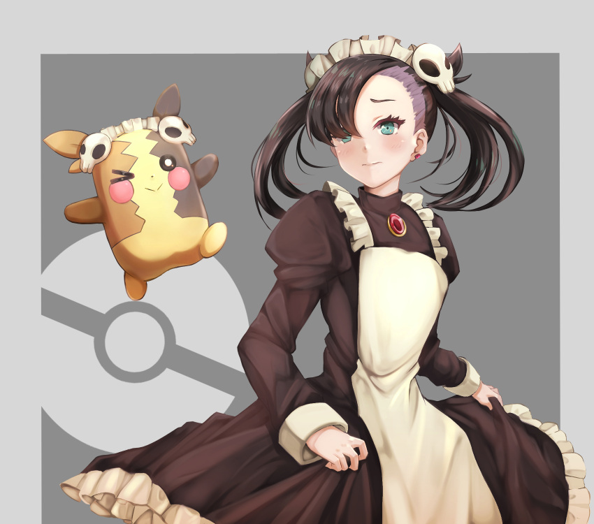 &gt;_o 1girl alternate_costume apron aqua_eyes asymmetrical_bangs bangs black_dress blush closed_mouth cowboy_shot dress enmaided frilled_dress frills frown gem grey_background hair_ornament hair_over_one_eye highres juliet_sleeves long_hair long_sleeves looking_at_viewer maid maid_headdress mary_(pokemon) morpeko one_eye_closed pokemon pokemon_(game) pokemon_swsh puffy_sleeves ruby_(gemstone) short_twintails skirt_hold skull_hair_ornament torottye twintails two-tone_background white_apron