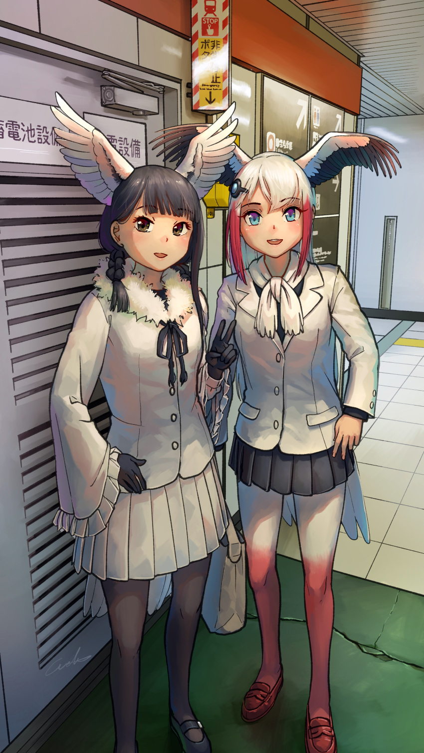 2girls :d absurdres bangs black-headed_ibis_(kemono_friends) black_footwear black_gloves black_hair black_legwear black_skirt blue_eyes blunt_bangs braid brown_eyes commentary_request eyebrows_visible_through_hair frilled_sleeves frills fur_collar gloves gradient gradient_legwear hair_ornament hairclip hand_on_hip head_wings highres indoors jacket japanese_crested_ibis_(kemono_friends) kemono_friends long_hair long_sleeves looking_at_viewer multicolored multicolored_clothes multicolored_legwear multiple_girls open_mouth pantyhose pleated_skirt red_footwear red_legwear redhead shoes signature single_sidelock skirt smile standing tile_floor tiles v welt_(kinsei_koutenkyoku) white_hair white_jacket white_legwear white_skirt white_stork_(kemono_friends) wide_sleeves