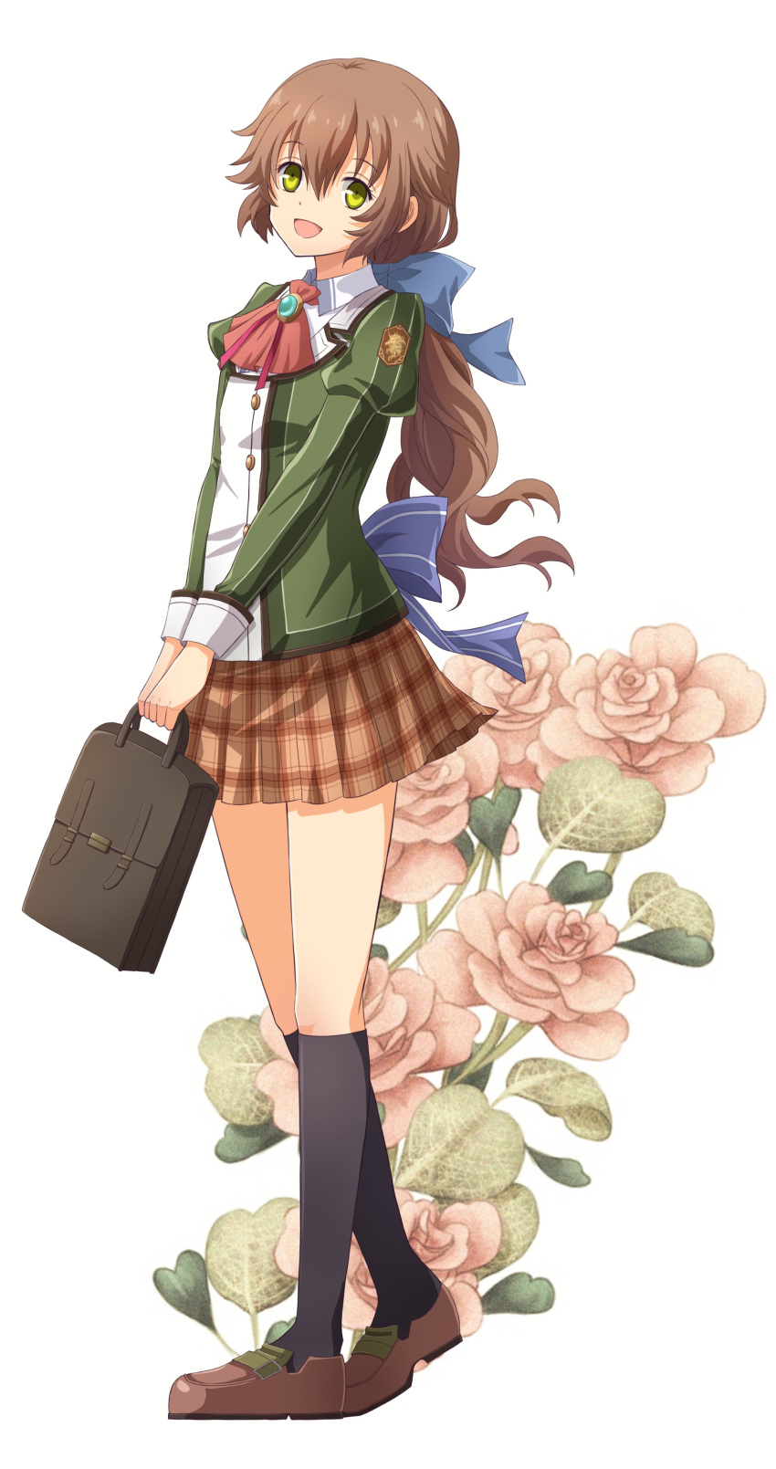 1girl :d absurdres aono_(aonocrotowa) ascot bag black_bag black_legwear blue_bow bow brown_footwear brown_hair brown_skirt collared_shirt curly_hair eiyuu_densetsu flower full_body green_eyes green_jacket hair_between_eyes hair_bow highres holding holding_bag jacket kneehighs loafers long_hair long_sleeves miniskirt open_mouth pink_flower plaid plaid_skirt pleated_skirt ponytail red_neckwear school_bag school_uniform sen_no_kiseki shiny shiny_hair shirt shoes simple_background skirt smile solo towa_herschel very_long_hair walking white_background white_shirt wing_collar