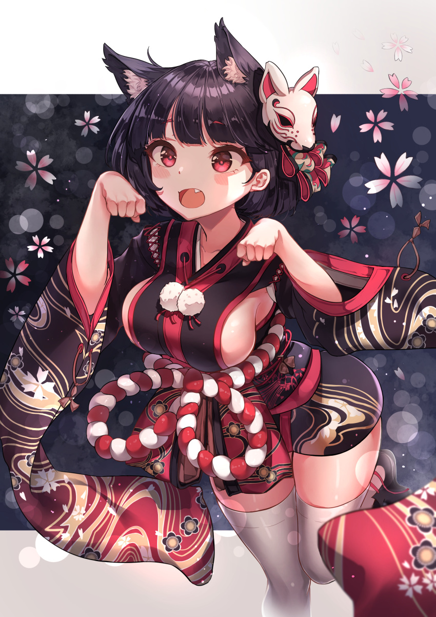 1girl absurdres alswp5806 animal_ear_fluff animal_ears azur_lane bangs black_hair blush_stickers breasts cat_ears cherry_blossoms collarbone eyebrows_visible_through_hair falling_petals fang highres japanese_clothes kimono large_breasts leg_up looking_at_viewer mask mask_on_head obi open_mouth paw_pose red_eyes sash short_hair short_kimono sideboob solo standing standing_on_one_leg symbol_commentary thigh-highs white_legwear wide_sleeves yamashiro_(azur_lane)