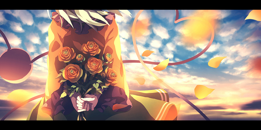 1girl arms_behind_back bouquet breasts clouds cloudy_sky dise evening facing_away flower frilled_sleeves frills from_behind green_hair green_skirt head_out_of_frame heart heart_of_string highres holding holding_bouquet komeiji_koishi long_sleeves medium_breasts orange_flower orange_rose outdoors petals rose rose_petals shirt skirt sky solo sun sunlight sunset third_eye touhou yellow_shirt