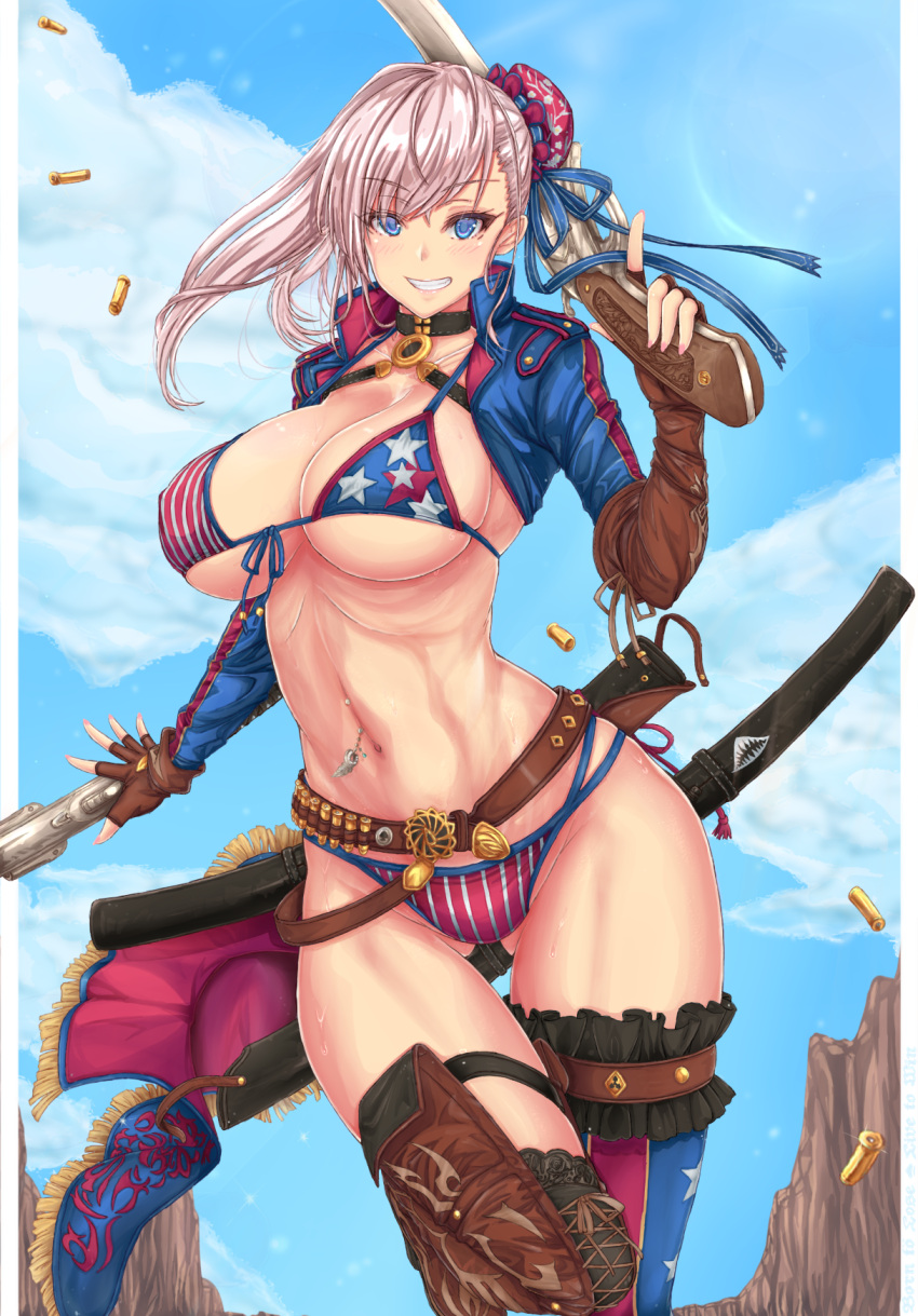 1girl american_flag_bikini ass_visible_through_thighs asymmetrical_gloves asymmetrical_legwear bangs belt bikini black_choker blue_eyes blue_ribbon blue_sky blush boots breasts brown_footwear brown_gloves bullet bun_cover choker clouds commentary day eyebrows_visible_through_hair fate/grand_order fate_(series) fingerless_gloves flag_print front-tie_bikini front-tie_top gloves grin gun hair_bun hair_ribbon hand_up highres holding holding_gun holding_weapon large_breasts leg_garter long_hair long_sleeves looking_at_viewer mickey_dunn miyamoto_musashi_(fate/grand_order) miyamoto_musashi_(swimsuit_berserker)_(fate) navel navel_piercing piercing ribbon scabbard sheath shrug_(clothing) silver_hair sky smile solo stomach swept_bangs swimsuit thigh-highs thigh_boots thighs trigger_discipline weapon