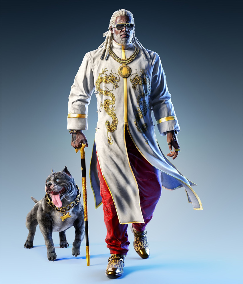 1boy 3d beard bracelet cane chain changpao chinese_clothes dark_skin dog dragon_print drooling facial_hair gold_chain hairlocs highres jaguar_print jewelry leroy_smith medallion official_art old pants print_footwear print_pants ring saliva sugar_(tekken) sunglasses tekken tekken_7 tongue tongue_out walking_stick white_hair