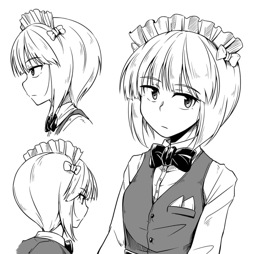 1girl bangs bartender blunt_bangs bow bowtie closed_mouth cropped_torso cutlass_(girls_und_panzer) dress_shirt eyebrows_visible_through_hair from_behind from_side frown girls_und_panzer greyscale handkerchief highres kitayama_miuki long_sleeves looking_at_viewer maid_headdress monochrome multiple_views school_uniform shirt short_hair smile vest wing_collar