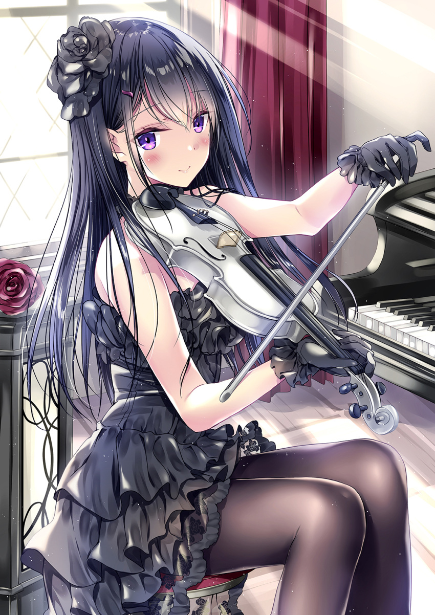 1girl bangs bare_shoulders black_dress black_gloves black_hair black_neckwear blush commentary_request dress eyebrows_visible_through_hair flower frilled_dress frills gloves hair_between_eyes hair_ornament hairclip highres holding holding_instrument indoors instrument kobayashi_chisato light_particles light_rays long_hair looking_at_viewer music original pantyhose piano playing_instrument red_curtains rose shiny shiny_hair sidelocks sitting sleeveless sleeveless_dress smile solo stool strapless strapless_dress violet_eyes violin violin_bow window