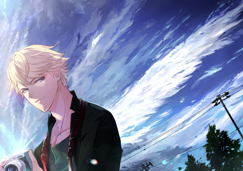 1boy blonde_hair blue_sky camera clouds highres holding holding_camera jacket kujo_souma lens_flare looking_at_viewer male_focus marorincho outdoors power_lines sky solo stand_my_heroes tree upper_body violet_eyes
