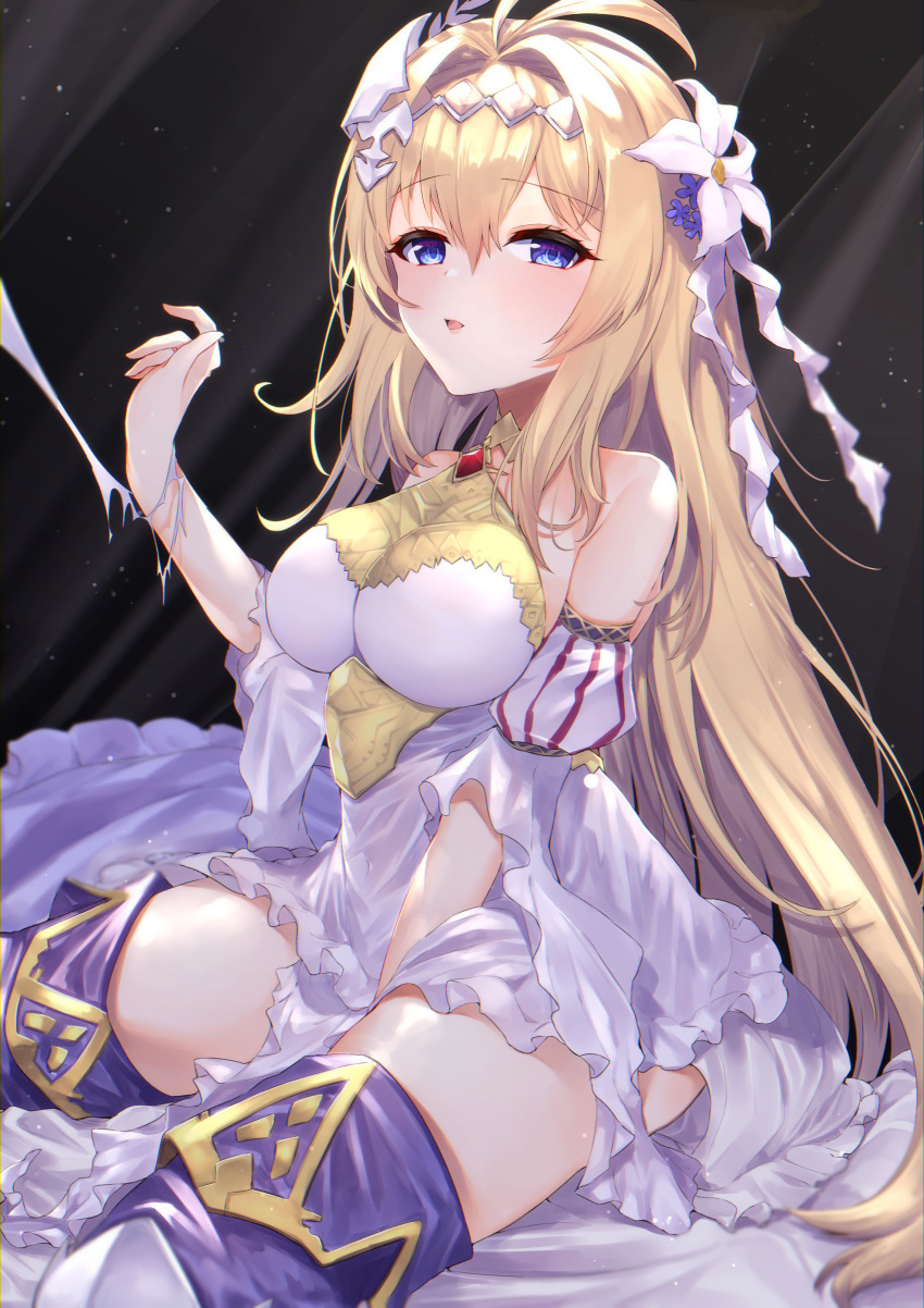 1girl 40_(0f0urw) absurdres ahoge bare_shoulders black_background blonde_hair breasts detached_sleeves dress eyebrows_visible_through_hair flower granblue_fantasy hair_between_eyes hair_flower hair_intakes hair_ornament highres jeanne_d'arc_(granblue_fantasy) jewelry large_breasts sitting solo thigh-highs white_dress