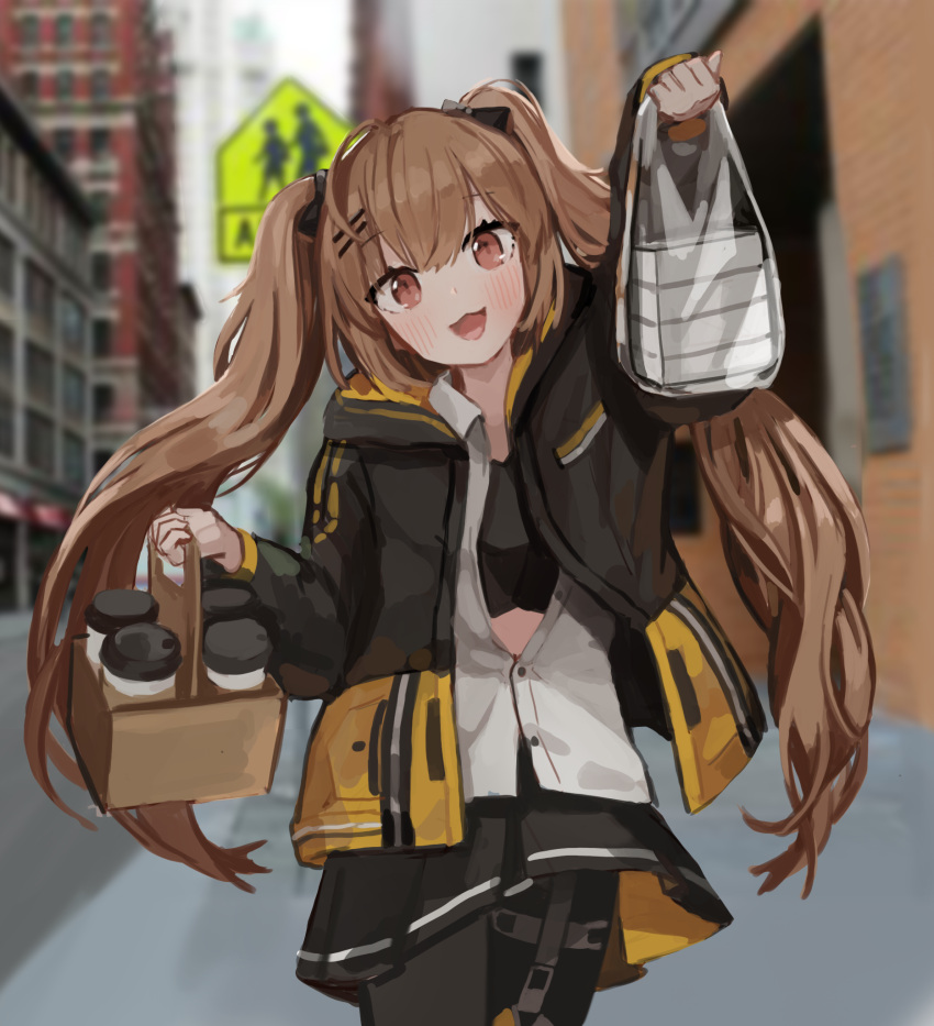 1girl :d bangs black_legwear blush breasts brown_eyes coffee girls_frontline hair_ornament hairclip highres hood hooded_jacket jacket looking_at_viewer open_mouth outdoors pleated_skirt pn_pixi skirt smile solo ump9_(girls_frontline)