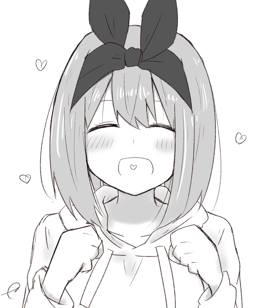 1girl :d ^_^ bangs blush closed_eyes collarbone drawstring eyebrows_behind_hair facing_viewer go-toubun_no_hanayome greyscale hair_between_eyes hair_ribbon hands_up heart heart_in_mouth highres hood hood_down hoodie kujou_karasuma long_sleeves monochrome nakano_yotsuba open_mouth ribbon signature simple_background smile solo white_background