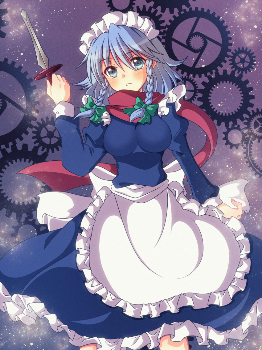 1girl apron bangs blue_dress blue_eyes blush bow braid breasts commentary_request cowboy_shot dress eyebrows_visible_through_hair frilled_apron frills gears green_bow hair_between_eyes hair_bow hand_up head_tilt highres holding holding_knife holding_weapon izayoi_sakuya juliet_sleeves knife long_sleeves looking_at_viewer maid maid_apron maid_headdress medium_breasts no_(yuki) parted_lips perfect_cherry_blossom petticoat puffy_sleeves red_scarf scarf short_hair silver_hair solo standing touhou twin_braids waist_apron weapon white_apron