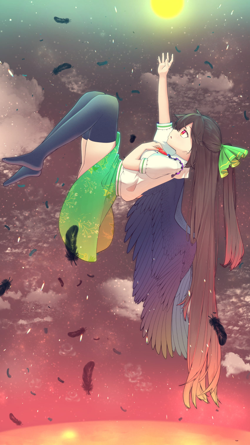 1girl absurdres atom bird_wings black_background black_feathers black_legwear black_wings bow brown_hair feathers green_bow green_skirt hair_bow hand_on_own_chest hand_up highres kiramarukou long_hair looking_up molten_rock no_shoes ponytail red_eyes reiuji_utsuho skirt solo sun touhou wings