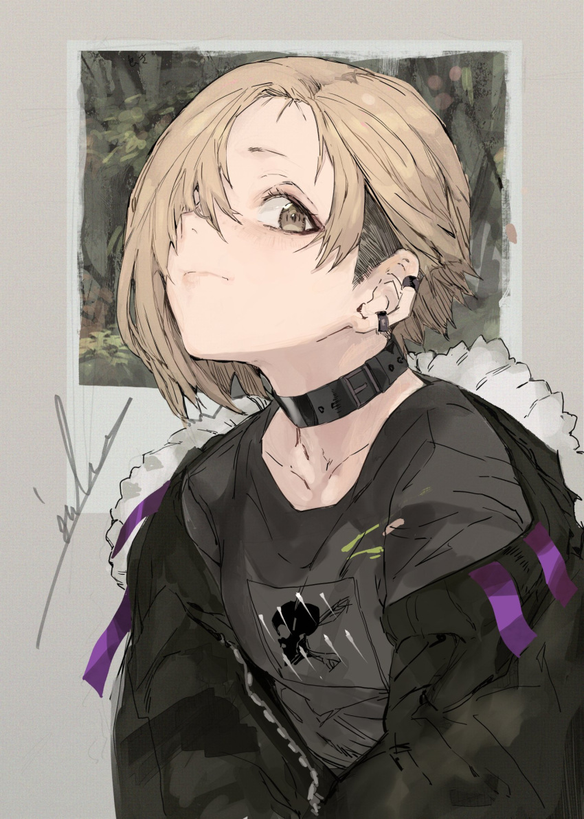 1girl black_jacket black_shirt blonde_hair blush brown_eyes choker closed_mouth collar collarbone ear_piercing grey_background hair_over_one_eye highres hiranko hood hood_down hooded_jacket idolmaster idolmaster_cinderella_girls jacket lips long_sleeves piercing shirasaka_koume shirt short_hair signature solo undercut upper_body