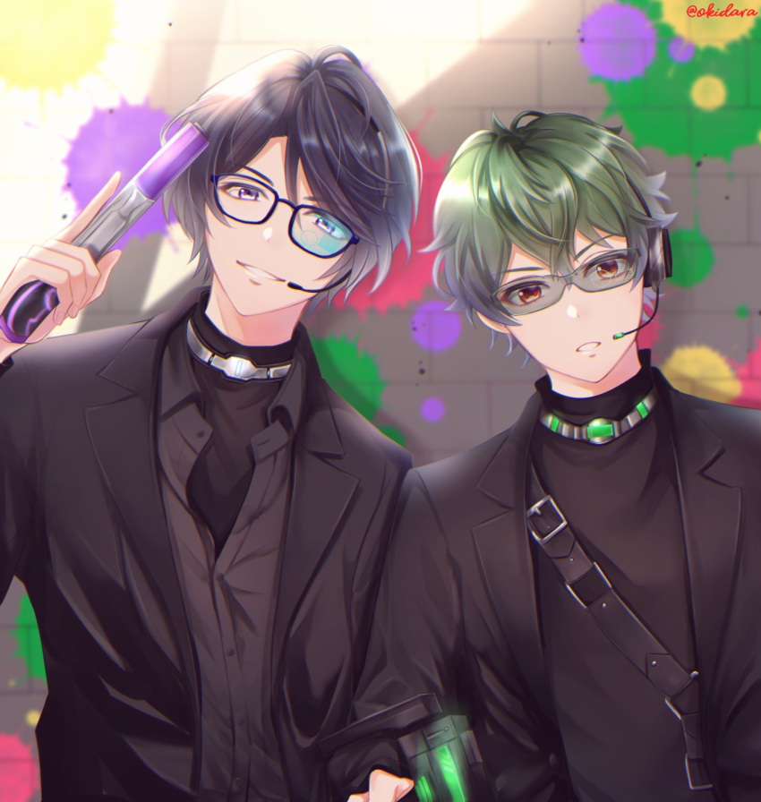 2boys bangs black_hair black_jacket black_shirt black_suit brown_eyes glasses goggles green_hair gun headset highres holding holding_gun holding_weapon jacket kagura_aki looking_at_viewer maki_keita male_focus multiple_boys okidara paintball parted_bangs parted_lips shirt stand_my_heroes standing twitter_username violet_eyes weapon