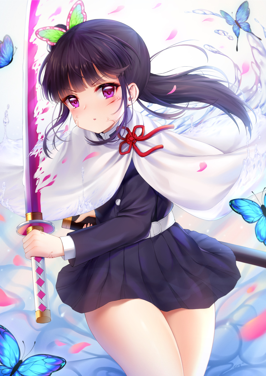 1girl absurdres animal bangs black_hair black_jacket black_skirt bug butterfly butterfly_hair_ornament cloak commentary_request eyebrows_visible_through_hair hair_ornament highres holding holding_sheath holding_sword holding_weapon insect jacket katana kimetsu_no_yaiba long_hair long_sleeves looking_at_viewer parted_lips petals pleated_skirt sheath side_ponytail skirt solo sword taitai tsuyuri_kanao v-shaped_eyebrows violet_eyes water weapon white_cloak
