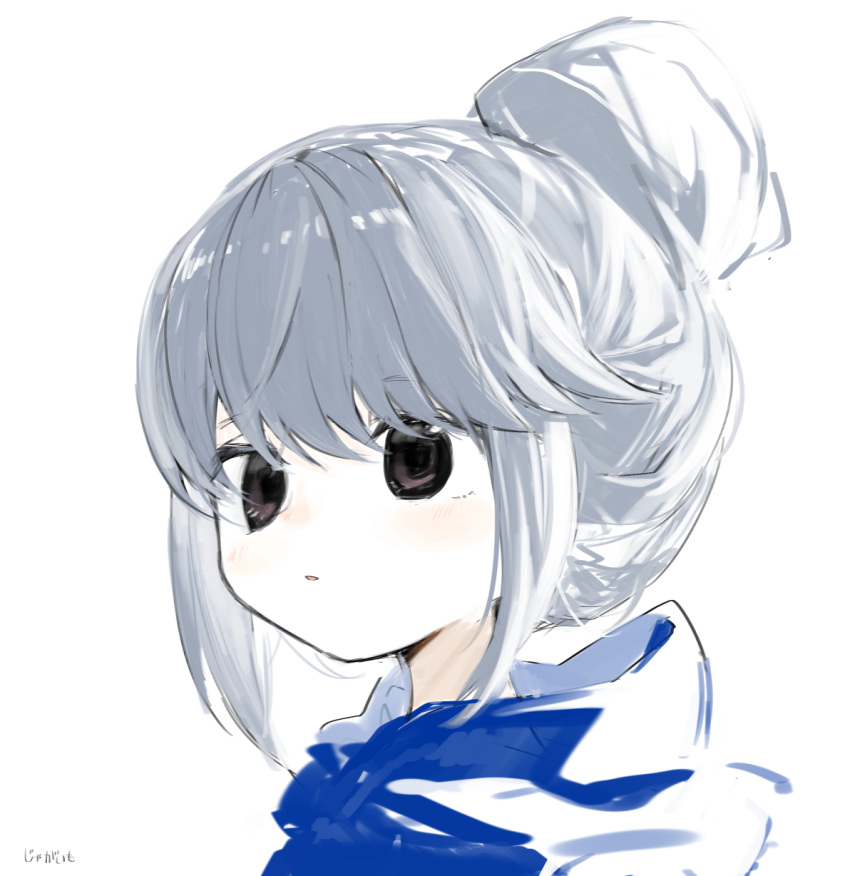 1girl backlighting bangs blue_hair blush dark_blue_hair expressionless eyebrows_visible_through_hair from_side hair_between_eyes hair_bun highres hood hood_down kokaki_mumose looking_away parted_lips portrait shima_rin sidelocks simple_background sketch solo tareme translated violet_eyes white_background yurucamp