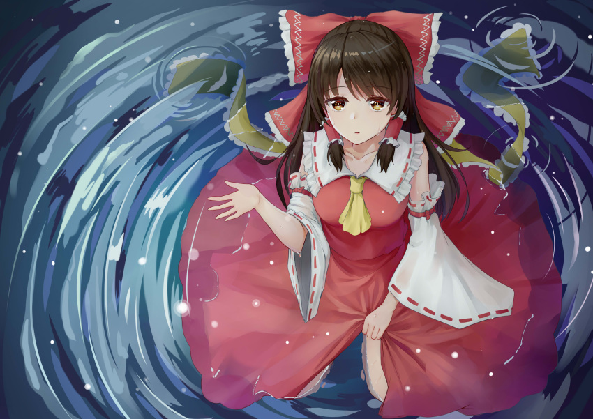 1girl absurdres ascot asymmetrical_bangs bangs bow breasts brown_hair collarbone detached_sleeves dishiren eyebrows_visible_through_hair from_above hair_bow hair_tubes hakurei_reimu highres kneeling light_particles long_hair looking_at_viewer looking_up medium_breasts nontraditional_miko partially_submerged ripples skirt_hold solo thighs touhou water wide_sleeves yellow_eyes