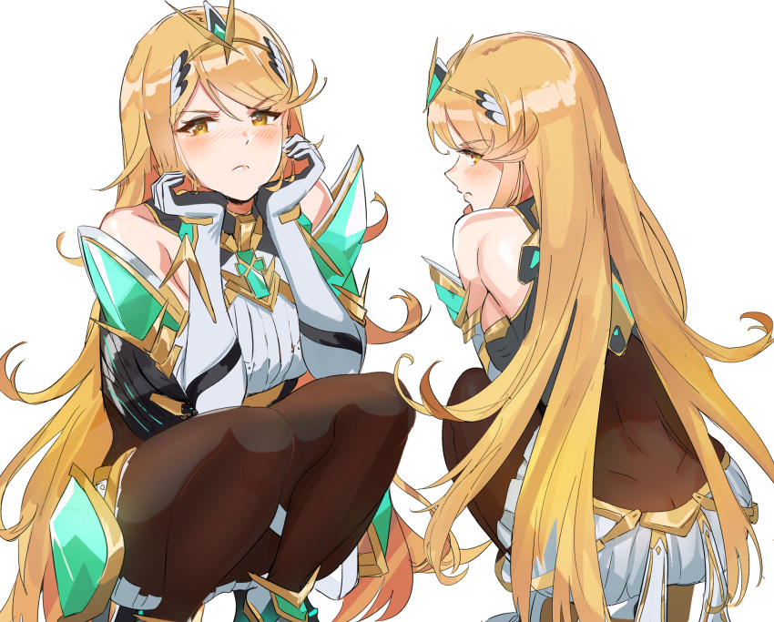 1girl ass bangs black_legwear blonde_hair chin closed_mouth gem highres mythra_(xenoblade) ormille xenoblade_(series) xenoblade_2 yellow_eyes