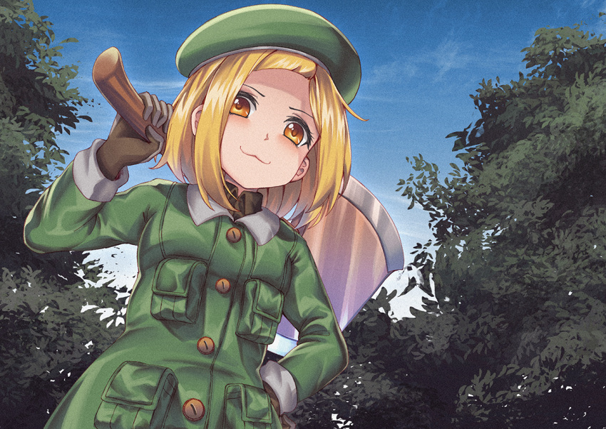 1girl axe beret blonde_hair blue_sky brown_gloves collared_jacket commission day fate/grand_order fate_(series) from_below gloves green_coat green_headwear hat holding holding_axe over_shoulder paul_bunyan_(fate/grand_order) persocon93 short_hair sky solo tree upper_body weapon weapon_over_shoulder yellow_eyes