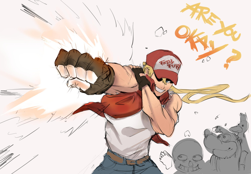 1girl 3boys animal banjo-kazooie banjo_(banjo-kazooie) baseball_cap bear bird blonde_hair blue_eyes bomber_jacket bone brown_hair denim fatal_fury fingerless_gloves gloves grin hair_down hat highres human jacket jeans kazooie_(banjo-kazooie) long_hair male_focus mark_of_the_wolves meme microsoft monster_boy muscle nintendo nx_mitama open_mouth pants ponytail rareware sans shaded_face skeleton smile snk sora_(company) star super_smash_bros. surprised tank_top teeth terry_bogard the_king_of_fighters toby_fox_(publisher) undertale vest wide-eyed