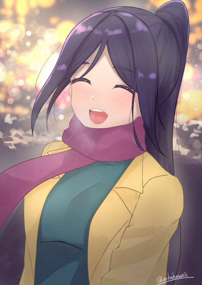 1girl :d arhah bangs blurry blurry_background blush brown_coat closed_eyes coat eyebrows_visible_through_hair green_shirt high_ponytail highres long_hair love_live! love_live!_sunshine!! matsuura_kanan open_mouth parted_bangs purple_scarf scarf shirt sidelocks signature smile solo upper_body upper_teeth