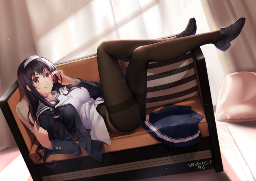 1girl absurdres artist_name bangs black_footwear black_hair black_jacket black_skirt blush breasts closed_mouth commentary_request couch curtains cushion full_body hairband highres index_finger_raised indoors jacket kasumigaoka_utaha large_breasts legs loafers long_hair long_sleeves looking_at_viewer lying mr_blackcat on_back on_couch open_clothes open_jacket panties panties_under_pantyhose pantyhose pleated_skirt red_eyes saenai_heroine_no_sodatekata sailor_collar school_uniform serafuku shirt shoes skirt skirt_removed smile solo thighband_pantyhose underwear white_hairband white_panties white_sailor_collar white_shirt