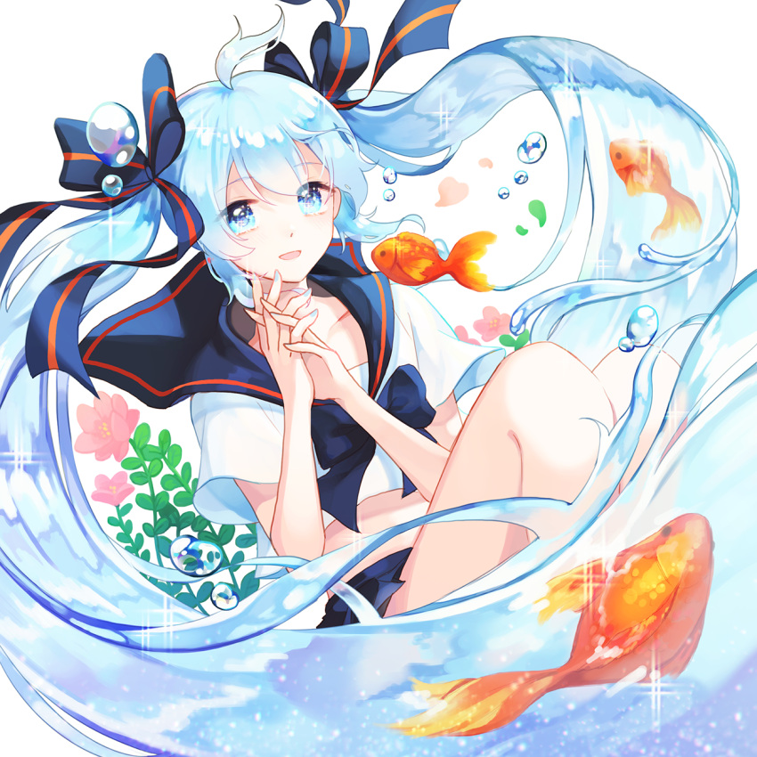 1girl ahoge blue_bow blue_collar blue_eyes blue_hair blue_nails blue_ribbon blue_skirt bottle_miku bow bowtie bubble collar collarbone collared_shirt commentary fish flower flying_fish goldfish hair_ribbon hands_together hands_up hatsune_miku highres knees_up leaf liquid_hair looking_at_viewer making-of_available midriff miniskirt nail_polish open_mouth plant ribbon ruk_(spi1116) sailor_collar school_uniform shirt sitting skirt smile sparkle striped striped_ribbon vocaloid white_shirt