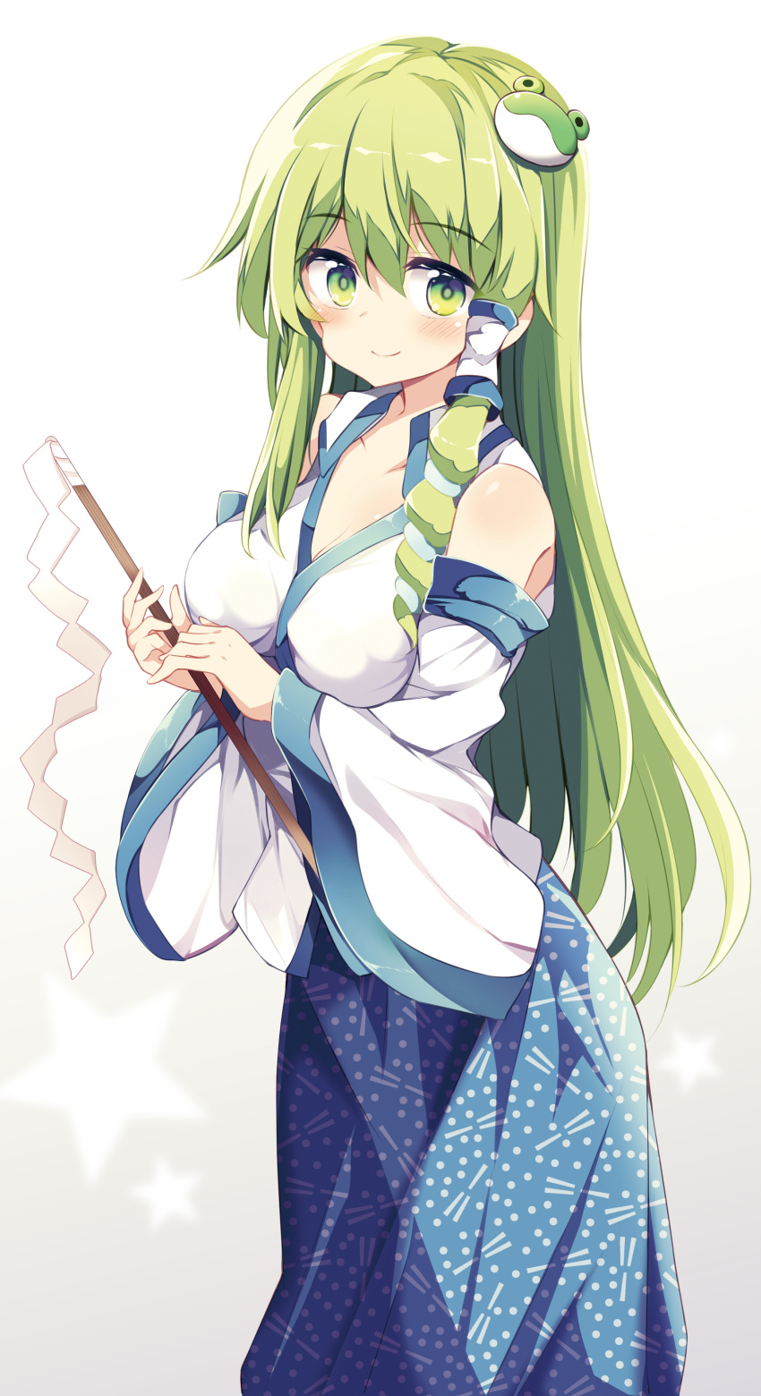 1girl absurdres bangs bare_shoulders blue_skirt blush breasts commentary_request cowboy_shot detached_sleeves eyebrows_visible_through_hair frog_hair_ornament gradient gradient_background green_eyes green_hair grey_background hair_between_eyes hair_ornament hair_tubes highres holding kochiya_sanae long_hair long_sleeves looking_at_viewer maturiuta_sorato medium_breasts shirt sidelocks skirt smile snake_hair_ornament solo standing star touhou white_background white_shirt wide_sleeves