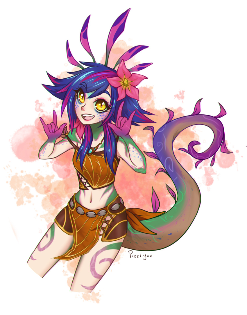 1girl antenna_hair arms_up artist_name blue_hair breasts crop_top eyebrows_visible_through_hair hair_flower hair_ornament happy jewelry league_of_legends looking_at_viewer monster_girl navel necklace neeko_(league_of_legends) open_mouth pelvic_curtain purple_hair sidelocks slit_pupils small_breasts smile solo spiky_hair standing tail tattoo tribal two-tone_hair yellow_eyes
