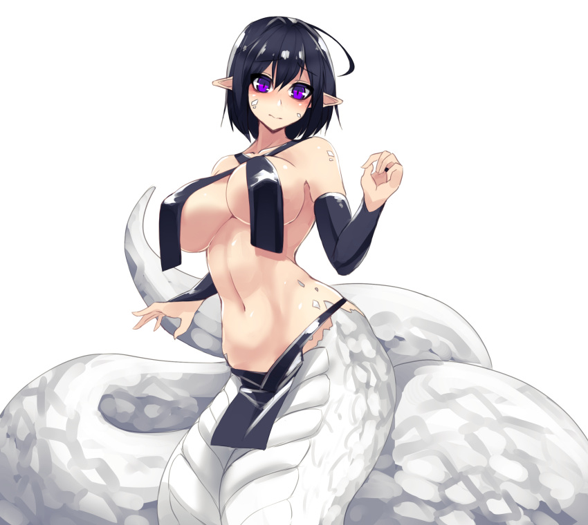 1girl bangs bare_shoulders black_gloves black_hair breasts bridal_gauntlets collarbone elbow_gloves eyebrows_visible_through_hair gloves hair_between_eyes highres lamia large_breasts looking_at_viewer monster_girl navel original pelvic_curtain pointy_ears scales short_hair simple_background solo stomach sub-res violet_eyes white_background