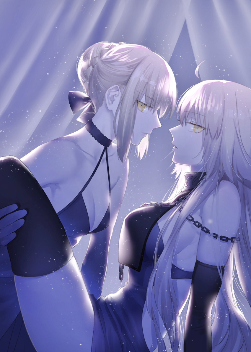 2girls ahoge artoria_pendragon_(all) bangs bare_shoulders black_dress blonde_hair breasts chain choker curtains dark_persona detached_sleeves dress eyebrows_visible_through_hair fate/grand_order fate/stay_night fate_(series) from_side gothic_lolita highres jeanne_d'arc_(alter)_(fate) jeanne_d'arc_(fate)_(all) large_breasts leg_lift lolita_fashion long_hair looking_to_the_side multiple_girls nipi27 saber_alter short_hair sideboob sidelocks silver_hair sitting yellow_eyes